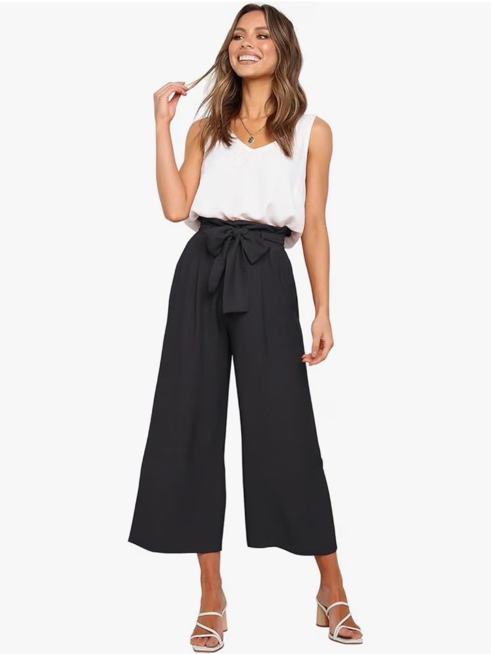 Wide-Leg Tie-Waist Black Crop Pants - Women
